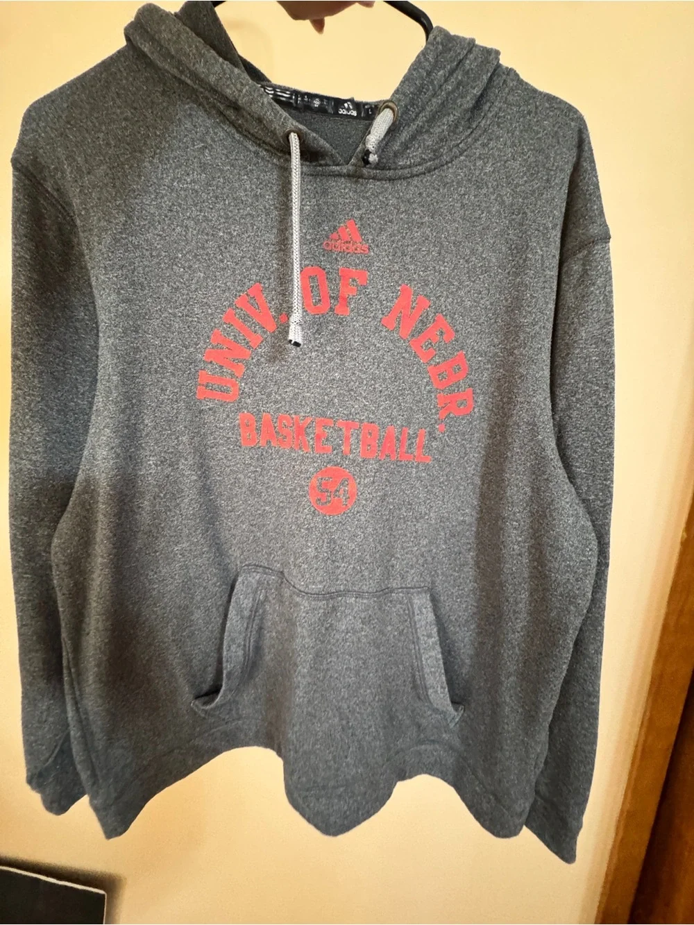 adidas Men’s Dark Charcoal Crewneck Hoodie with Red University Graphic